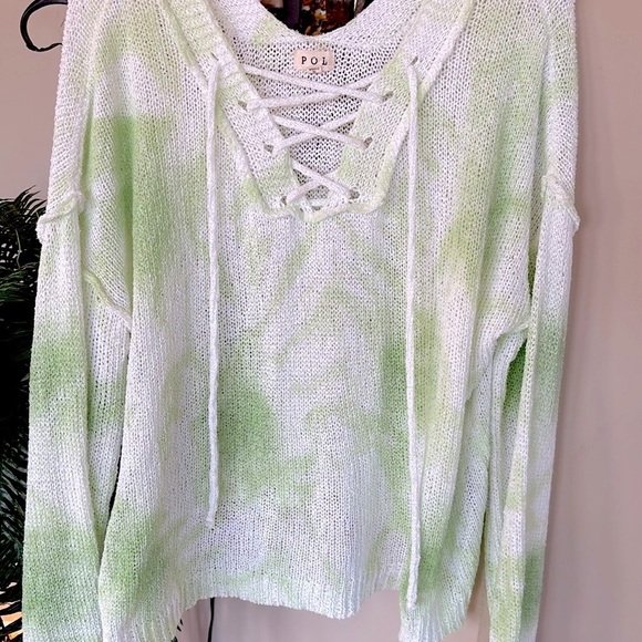 NWOT POL White & Mint Green Lace Up V-Neck Oversized Knit Sweater Casual Spring - Picture 11 of 13